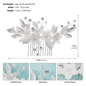 Détails du peigne à cheveux de mariée avec fleurs en céramique et feuilles argentées