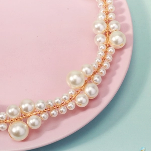 Handmade bridal headband with white pearls and gold wire for wedding dress accessories