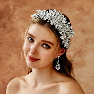 Vigne à Cheveux de Mariée Luxueuse Strass Argent Feuille Mariage Bandeau Femmes Accessoires Cheveux Fait Main Fête