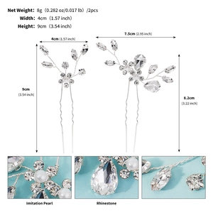 Detail of handmade silver bridal hair pins with imitation pearls and rhinestones