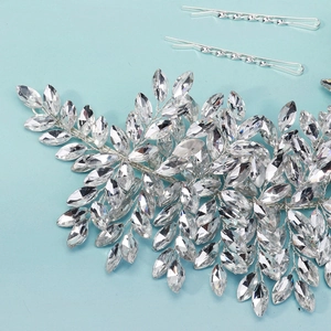 Serre-tête de mariée de luxe avec strass en forme de feuilles et épingles argent