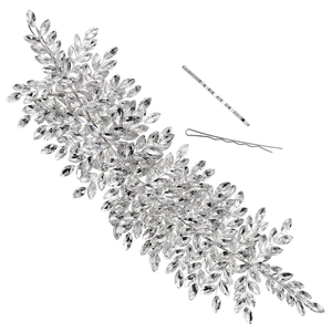 Bandeau de mariée luxueux et épingles à cheveux avec feuilles argentées et cristaux