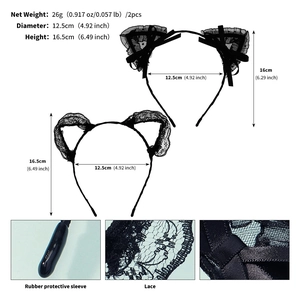 Detailed view of handmade black lace cat ear headband set with size and weight metrics