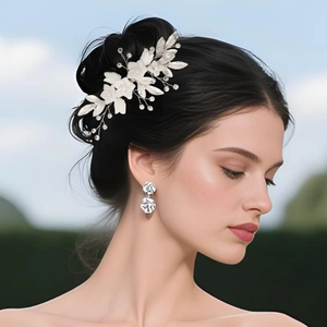 Peigne à Cheveux de Mariée Élégant Fleurs en PVC Aspect Céramique Feuille en Alliage Argent Strass Künstliche Perle Accessoires pour Femmes