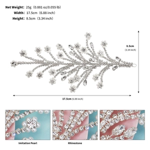 Détails de vigne à cheveux mariée avec perles, strass et dimensions de 17,5 cm x 8,5 cm