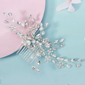 Handmade bridal hair comb with rhinestones and faux pearls for wedding dress styling