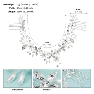 Détail du bandeau de mariée argenté avec perles et strass montrant 26 cm de long et 4,5 cm de large