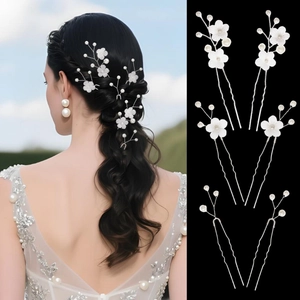 Ensemble d'Épingles à Cheveux Fleur de Mariée en Tissu Blanc Künstliche Perle en Forme de U Alliage d'Argent Bijoux pour Femmes