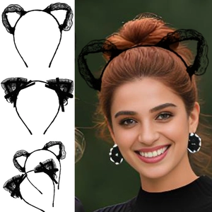 Schwarze Spitze Katzenohr Stirnband Mit Schleife Sexy Hohl Kitty Haarband Für Halloween Cosplay Kostüm Party Damen Accessoires