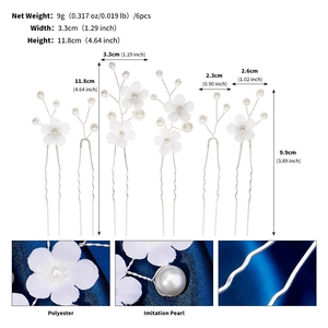 Vue détaillée du set de 6 épingles à cheveux de mariée avec fleurs en tissu et perles