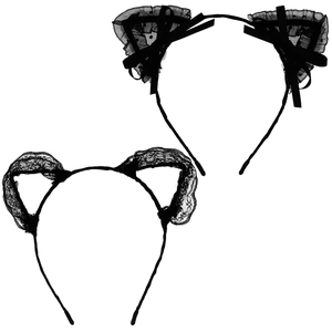 Set of two cute black lace cat ear headbands with ribbon bows for cosplay and dating