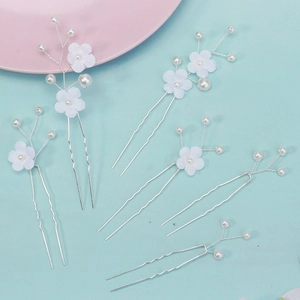 Lot de 6 épingles à cheveux de mariée avec fleurs en tissu blanc et perles sur épingles en U