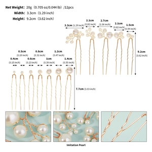Détail de 12 épingles à cheveux de mariage en forme de U avec perles et fil doré à la main