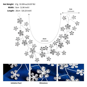 Detailed dimensions of bridal hair vine with rhinestones and white imitation pearls