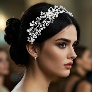 Detail of bridal headband with white beads and crystal flowers on elegant vine design