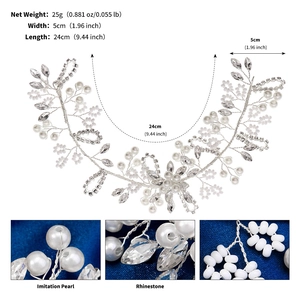 Detailed view of silver bridal hair vine with marquise rhinestones and faux pearls