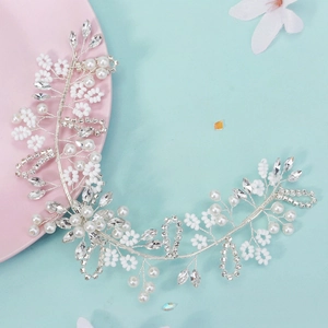 Handmade bridal hair vine with silver wire, white pearls and sparkling floral rhinestones