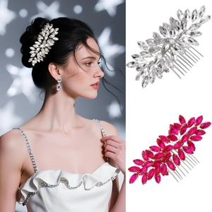 Peigne à Cheveux de Mariée Feuille Alliage Strass Accessoire de Mariage Argent Rose Rose AB Cristal Bijoux de Banquet Fête