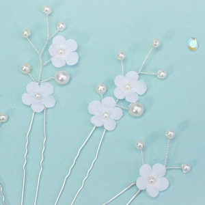 Détails des épingles à cheveux fleurs blanches en tissu avec perles et base argentée en U