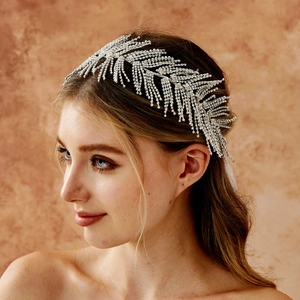 Handmade Rhinestone Bridal Headband Leaf Tassel Silver Alloy Wedding Hair Accessories For Women Bohemian Party Hair Band