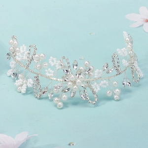 Handmade bridal headband with white pearls and sparkling crystals on floral silver wire