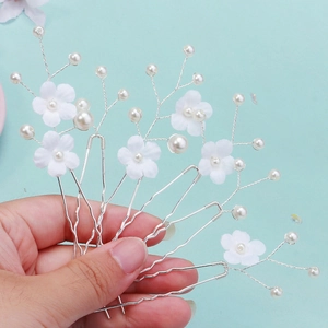 Lot de 6 épingles à cheveux de mariée faites main fleurs blanches et perles pour coiffure