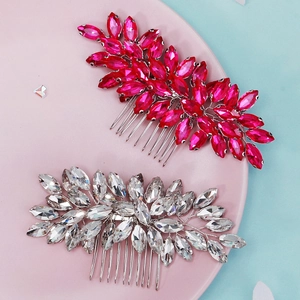 Peignes à cheveux de mariée avec strass marquise en rose fuchsia et blanc cristal