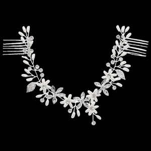 Bandeau de mariée argenté élégant avec perles et strass et peignes latéraux pour fixation