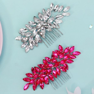 Peignes à cheveux de mariée avec feuilles de strass argentées et rose rouge pour mariage