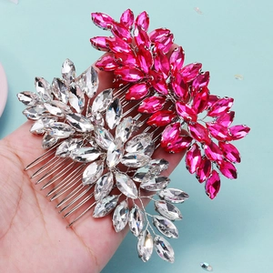 Peignes à cheveux de mariée avec strass marquise en cristal argenté et rose fuchsia