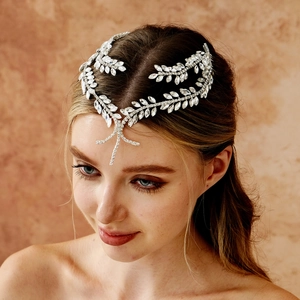 Exquisite silver bridal tiara with rhinestones and forehead fringe detail