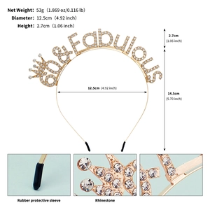 Detailed view of the 60 and Fabulous golden rhinestone headband with weight and size specs