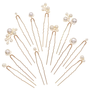 Lot de 12 épingles à cheveux dorées en forme de U avec perles variées sur fond blanc neutre