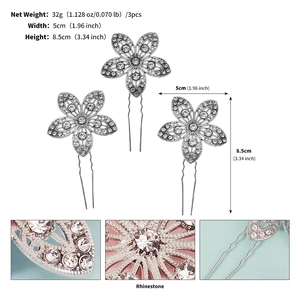 Detailansicht von drei silbernen Strass-Blumen-Haarnadeln mit Größen- und Gewichtsangaben