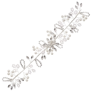 Handmade bridal headband with white pearls and sparkling floral rhinestones on silver wire