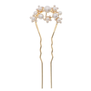 Golden alloy U-shaped hair pin with elegant white pearls for bridal and formal updos
