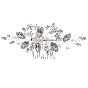 Elegant floral bridal hair comb with rhinestones and white pearls on silver wire