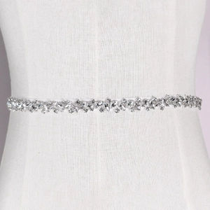 Elegant crystal bridal belt with geometric leaf rhinestone pattern on white ribbon
