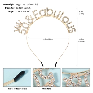 Detailed size specifications and close-up of 50 & Fabulous rhinestone tiara headband