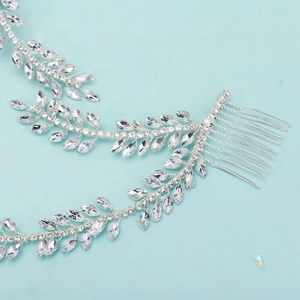 Macro shot of silver bridal hair vine with marquise rhinestones and double combs