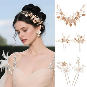 Elegant Bridal Hair Pins Set Handmade Fabric Flower Imitation Artificial Pearl Crystal Alloy Leaf Wedding Accessories For Women