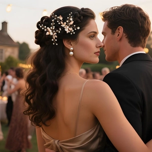 Detailed view of bridal hair pins with gold leaves and white pearls for wedding hairstyle
