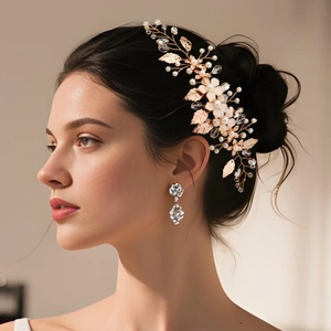 Detail of handmade beaded bridal hairband with golden wire leaves and pearls