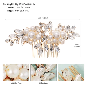 Detail view of handmade bridal hair comb with pearls and rhinestones showing 12cm x 6cm size