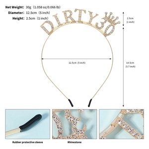 Detailed dimensions of gold rhinestone 'Dirty 30' headband for 30th birthday parties