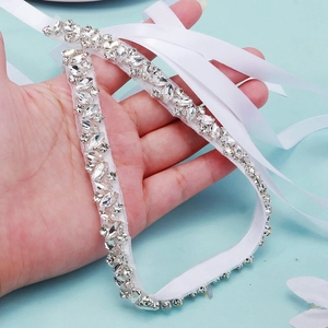 Elegant thin bridal waist belt with hand-stitched crystals and rhinestones on white satin ribbon