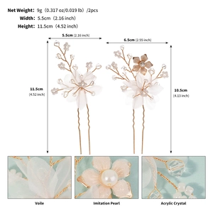 Detailed view of bridal hair pin set with voile flowers, pearls, and crystals