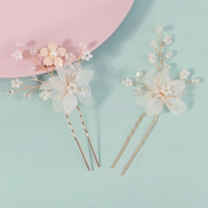 Handmade white flower bridal hair pins with gold wire, pearls and crystals for weddings