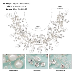 Vue détaillée du bandeau de mariée fait main avec perles et strass incluant les dimensions