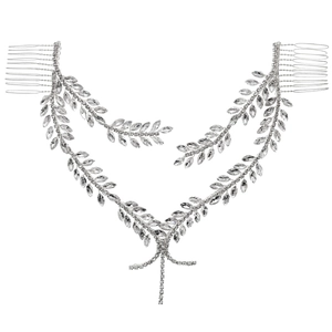 Silver bridal hair band with crystal vines and rhinestones on a white background